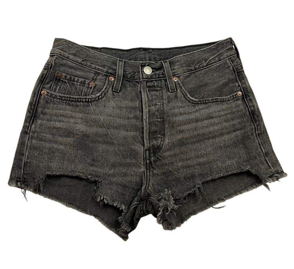 LEVIS Premium 501 Shorts Womens 26 Button Fly High Rise BIG E Distressed Denim